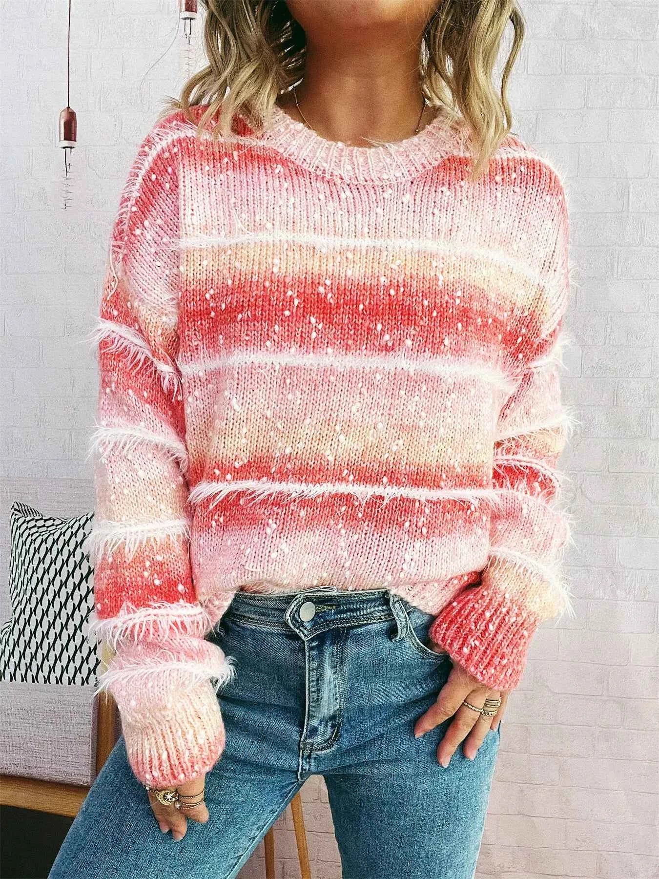 Gradient Striped Round Neck Sweater