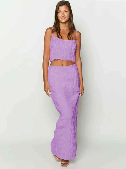 Square Neck Sleeveless Top and Ruched Skirt Set