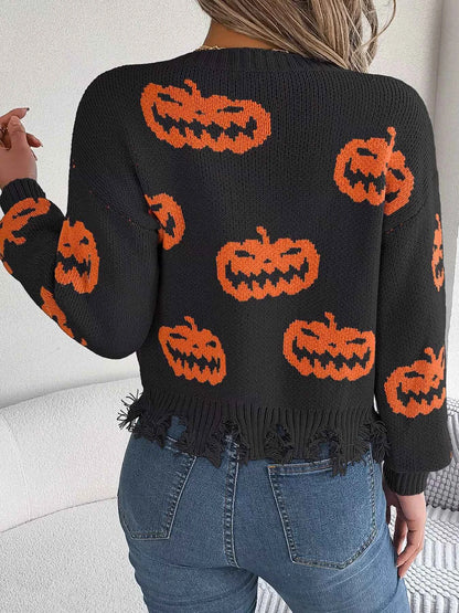 Halloween Pumpkin Pattern Raw Hem V-Neck Sweater