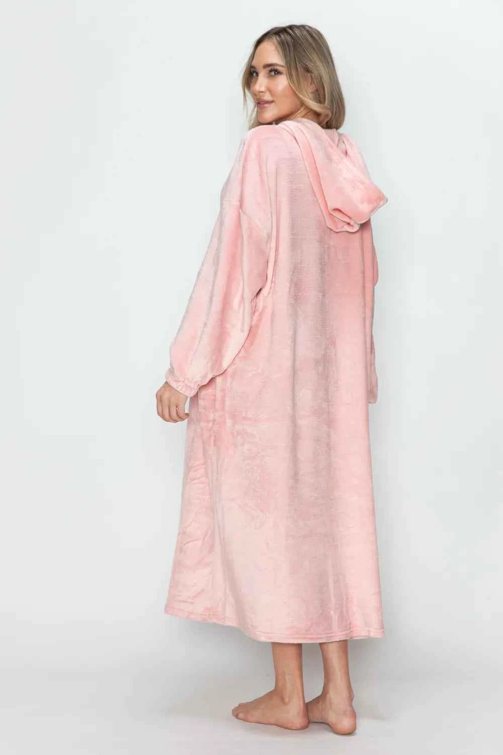 Double Take Full Size Pocketed Hooded Midi Lounge Dress