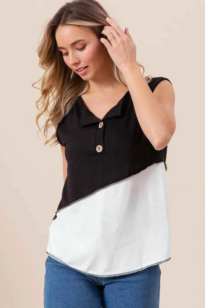 BiBi Color Block Contrast Stitching Buttoned Henley Top