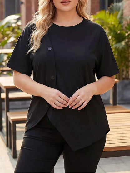 Plus Size Asymmetrical Button Decor Short Sleeve T-Shirt