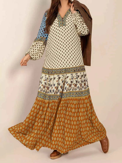 Bohemian Mixed Print Long Sleeve Maxi Dress