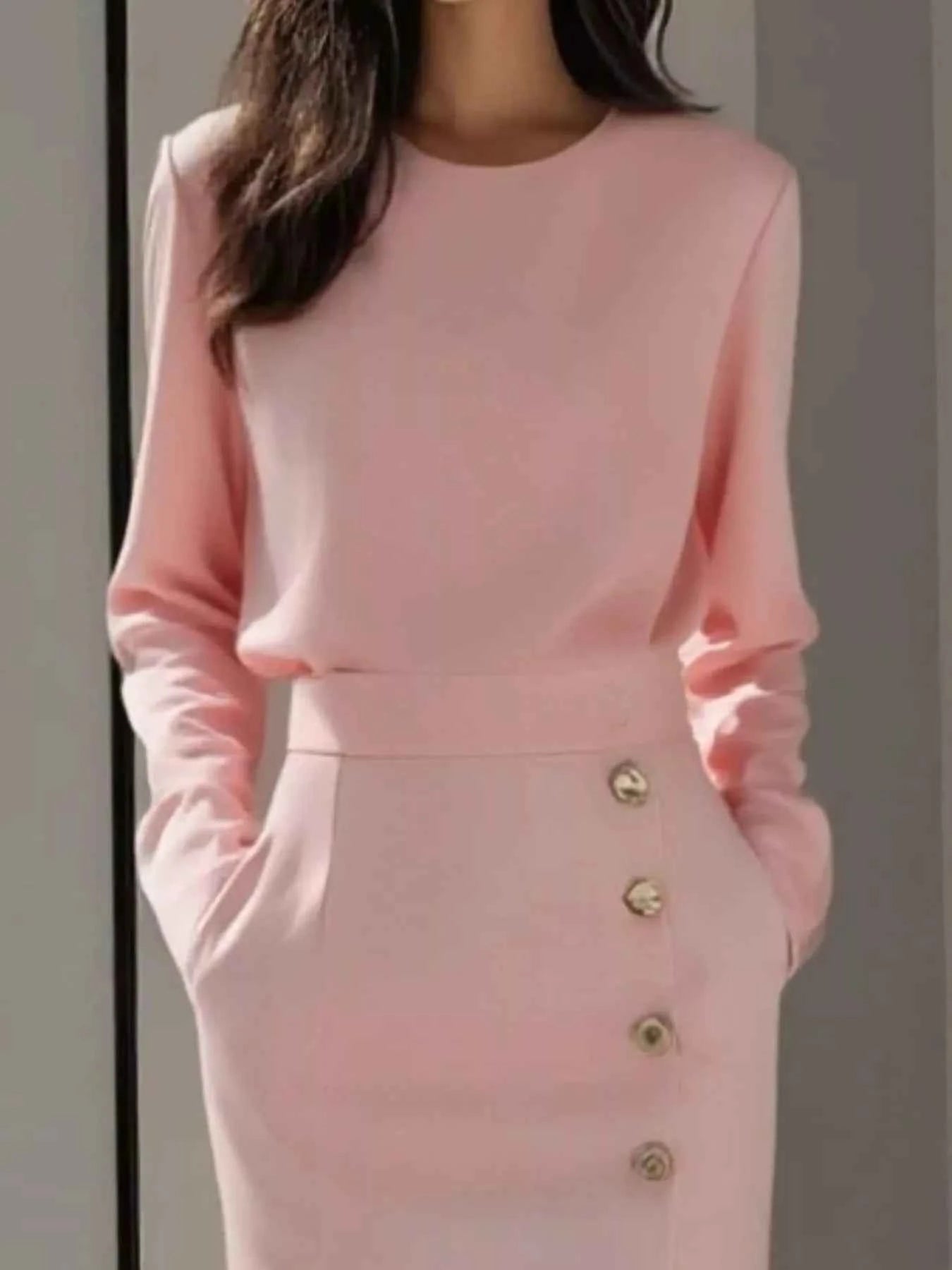 Long Sleeve Button Detail Midi Dress with Side Slit