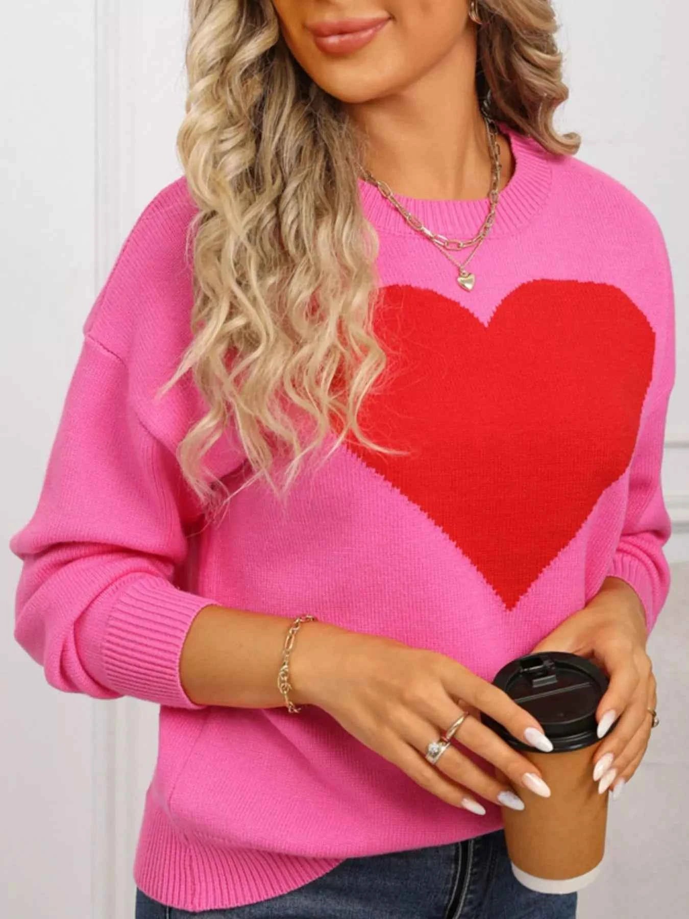 Valentine's Day Heart Round Neck Dropped Shoulder Sweater