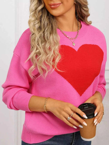 Valentine's Day Heart Round Neck Dropped Shoulder Sweater