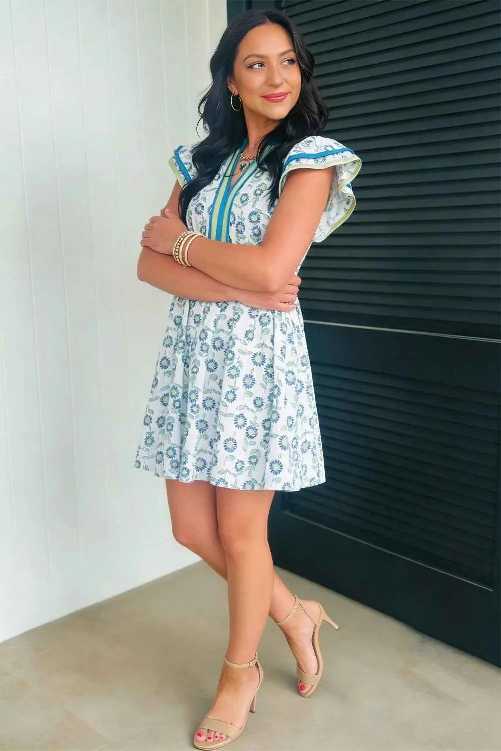 Printed Notched Cap Sleeve Dress