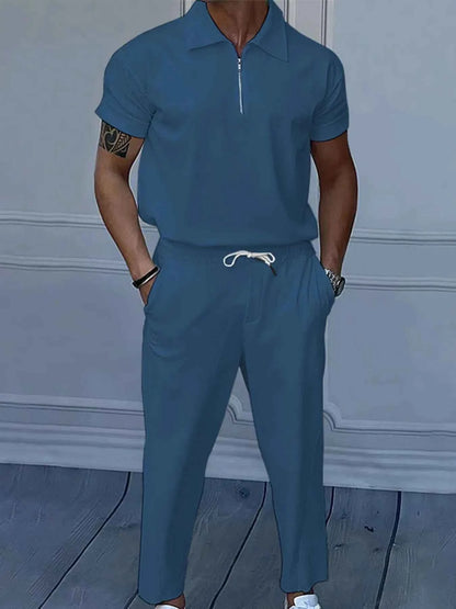 Men's Full Size Quarter Zip Short Sleeve Polo and Pants Set Plus Size