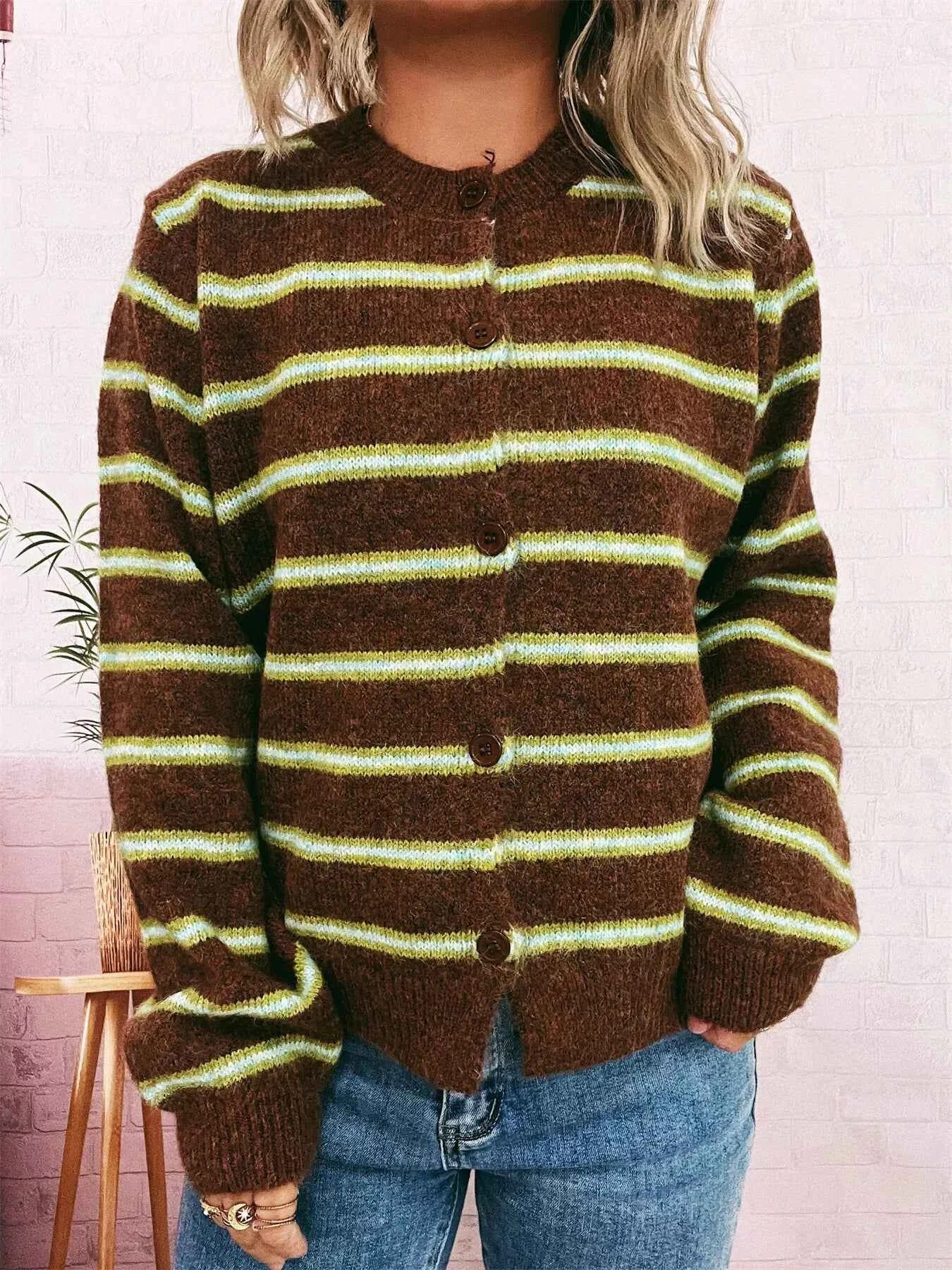 Striped Button-Up Long Sleeve Cardigan