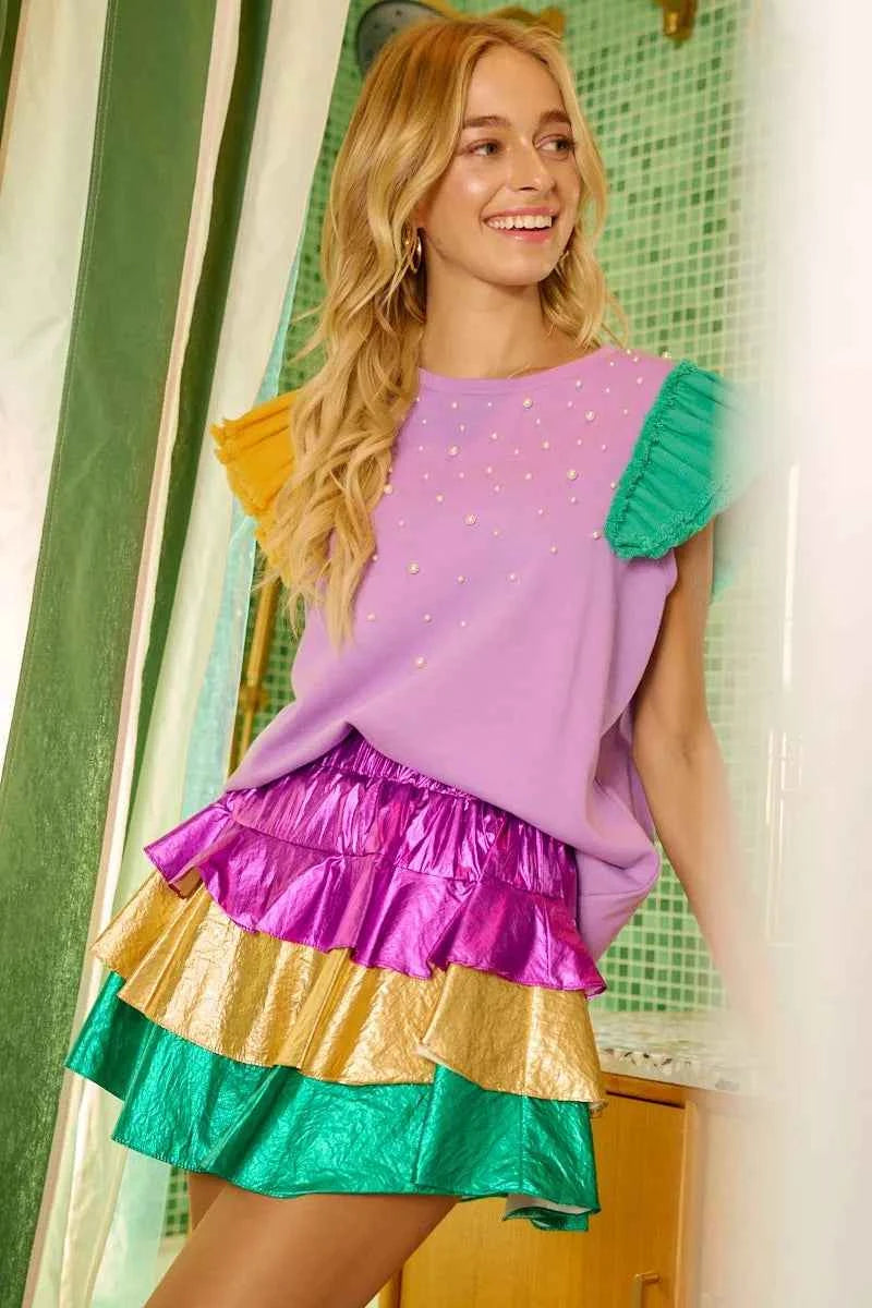BiBi Mardi Gras Color Block Metallic Tiered Skirt