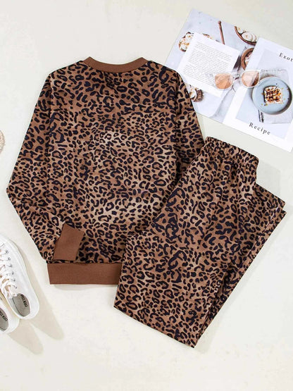 Leopard Print Contrast Trim Long Sleeve Top and Pants Set