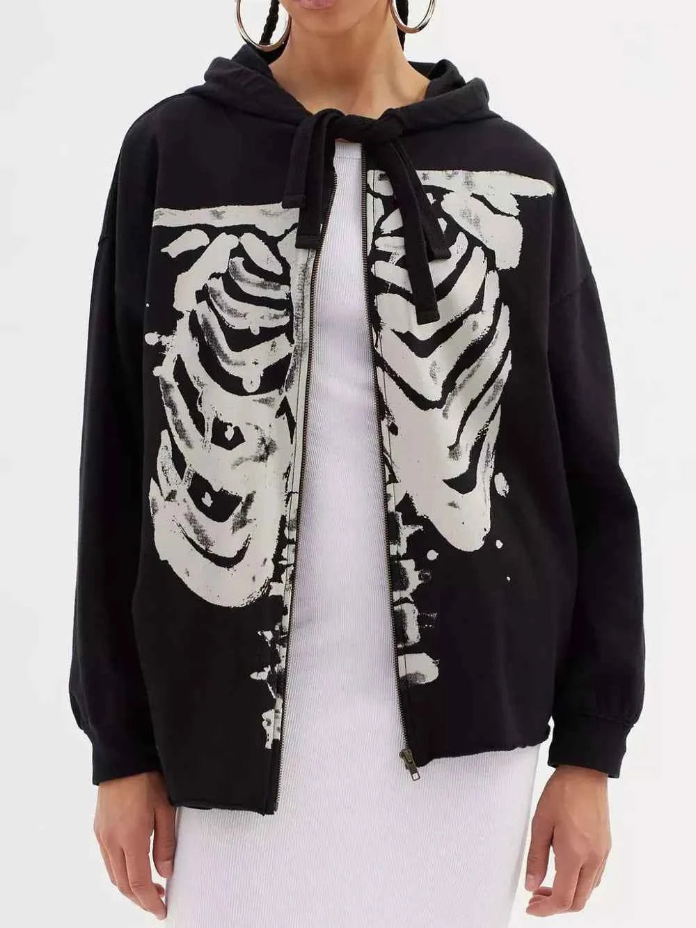 Skeleton Zip Up Drawstring Hoodie