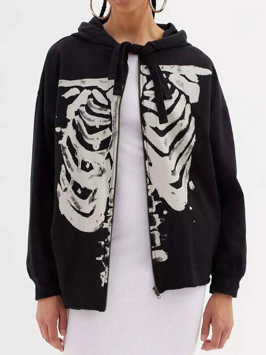 Skeleton Zip Up Drawstring Hoodie