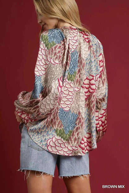 Umgee Boho Feather Print Peasant Blouse