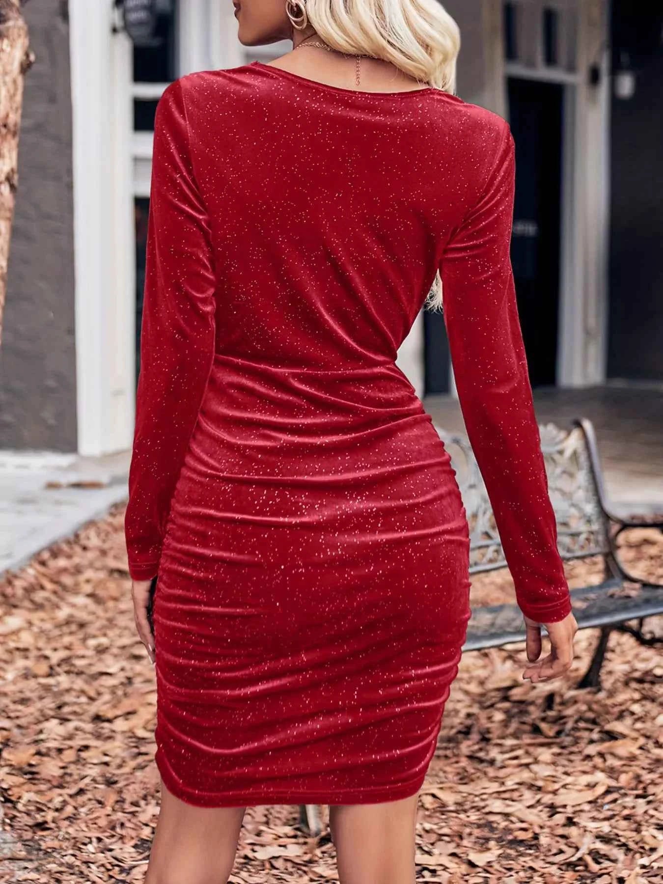 Velvet Cowl Neck Ruched Bodycon Dress