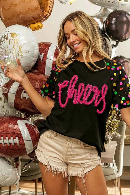 BiBi Metallic Letter Spangle Raglan Puff Sleeve Top