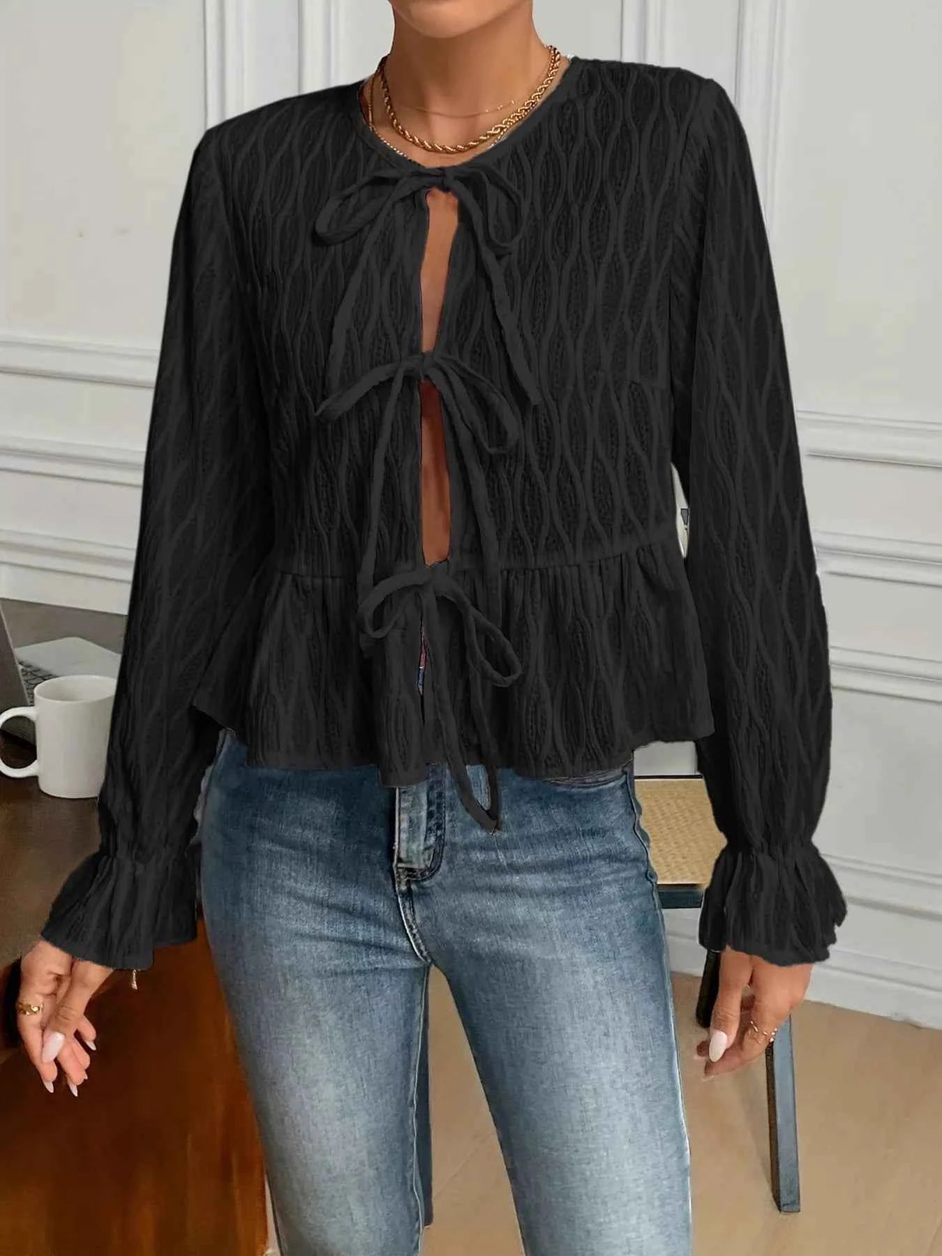 Tie Front Flounce Sleeve Blouse