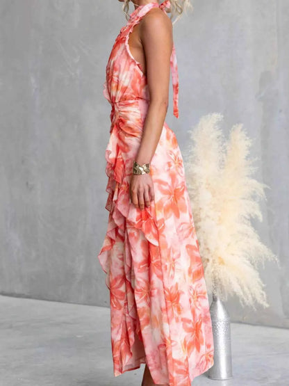 Floral Print Ruffle Halter Neck Maxi Dress