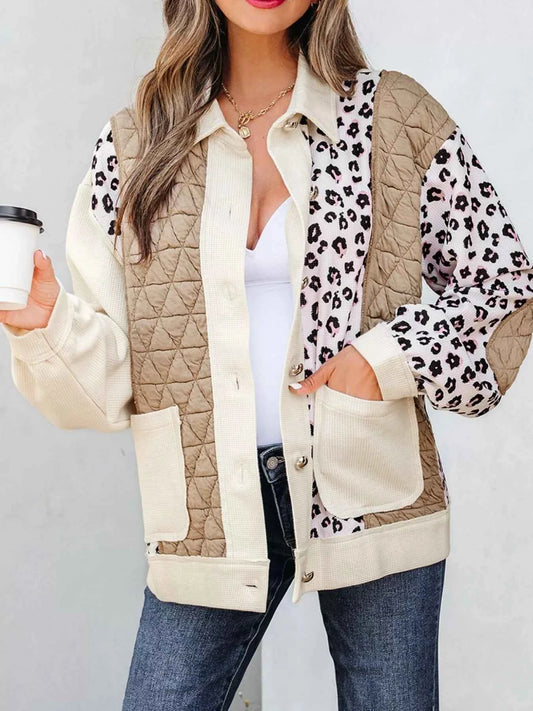 Leopard Waffle Quilted Patchwork Button Front Jacket