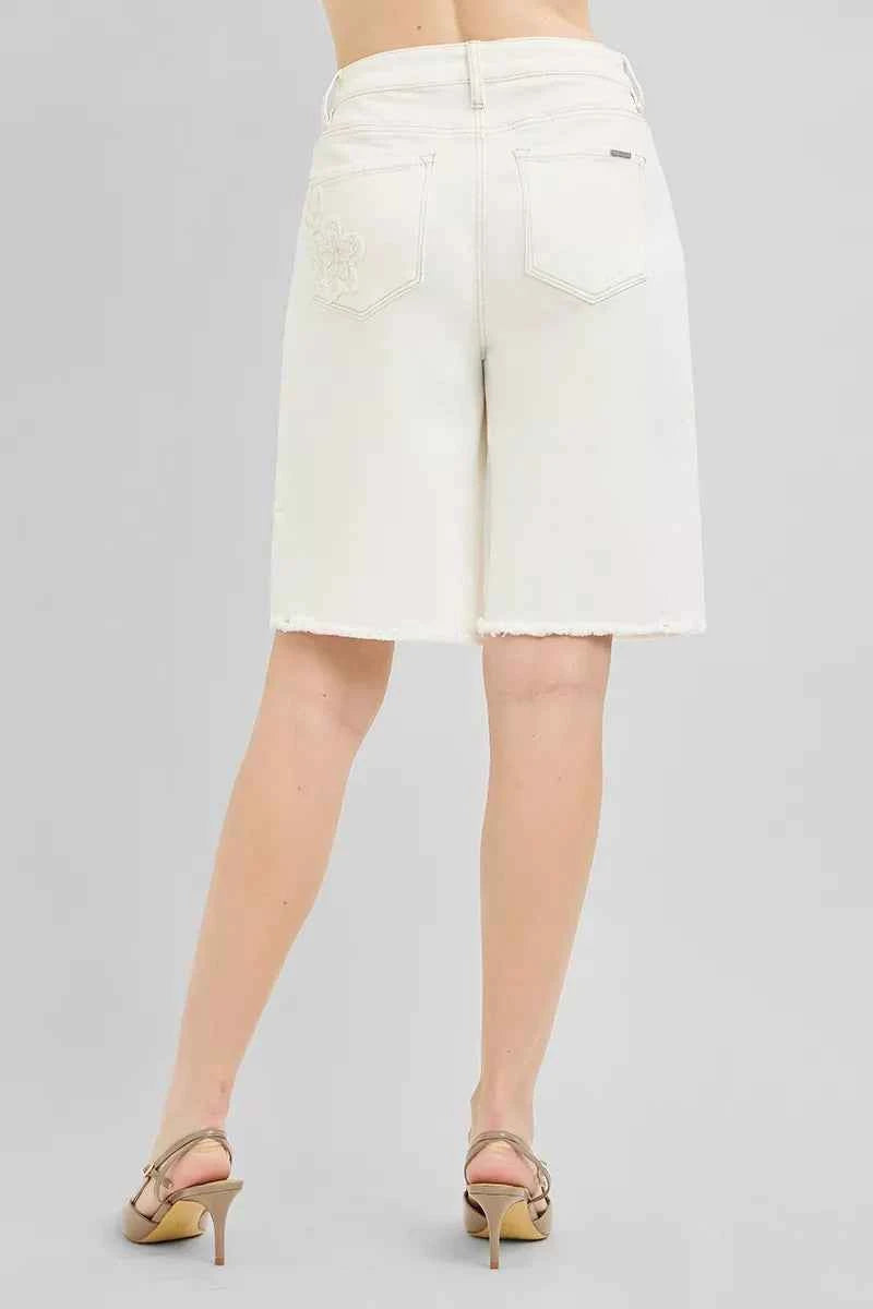 RISEN Slouchy Relaxed Floral Embroidered Bermuda Denim Shorts