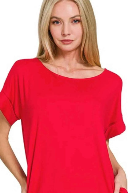 Zenana Rolled Short Sleeve Round Neck Dress