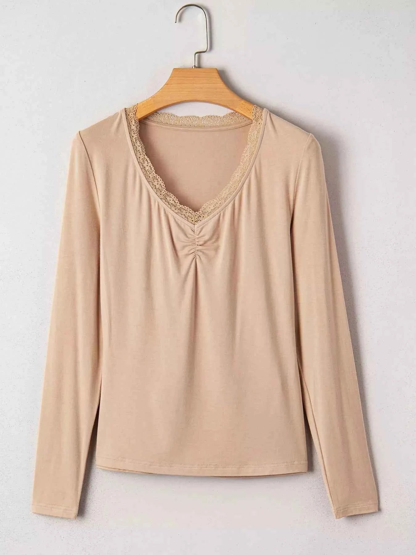 Lace-Trimmed Ruched Detail Long Sleeve T-Shirt