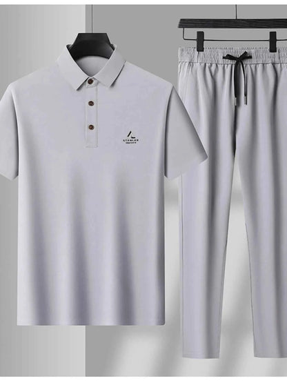 Men's Plus Size Button Detail Short Sleeve Polo and Pants Set