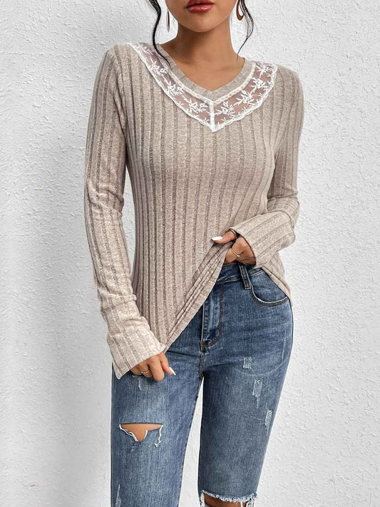 Perfee Lace Detail Ribbed V-Neck Long Sleeve Top