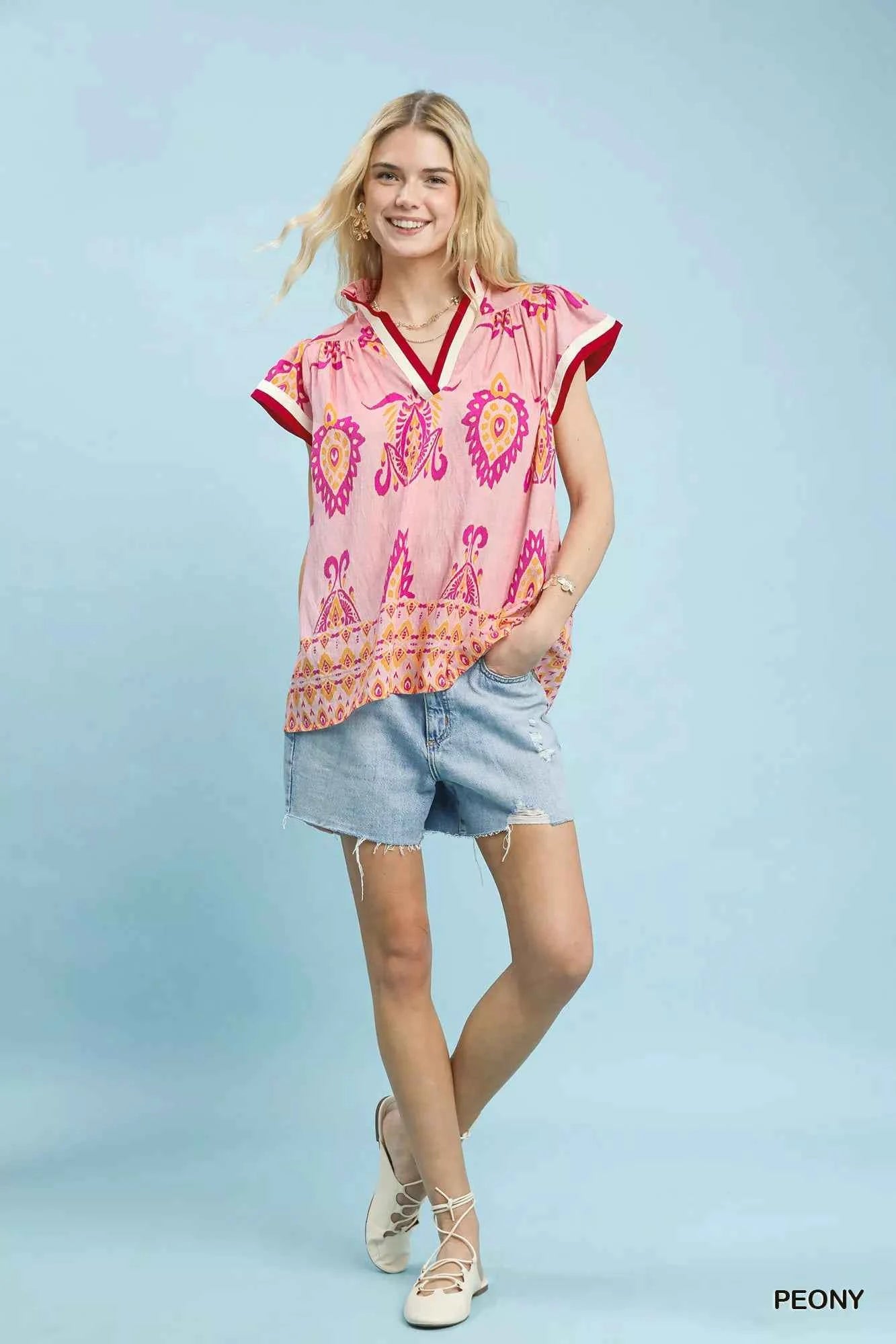 Umgee Border Print Split-Neck Boho Top