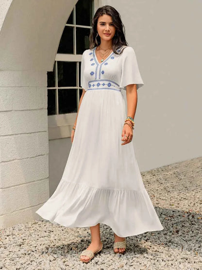 Ruffled Hem V-Neck Flutter Sleeve Dress