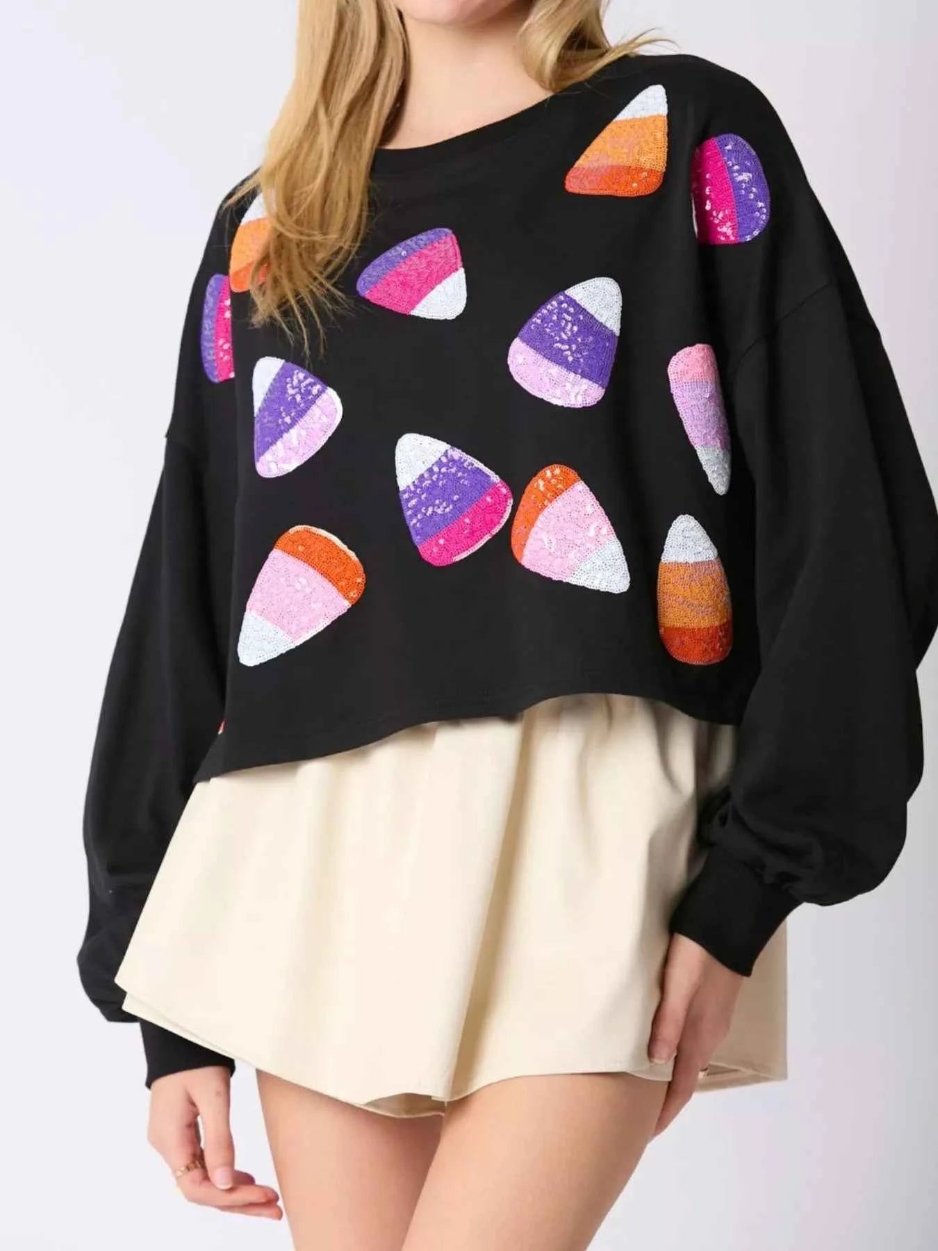 Halloween Candy Sequin Long-Sleeve Sweatshirt