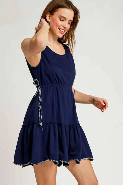 Umgee Frill Drawstring Waist Round Neck Mini Tank Dress