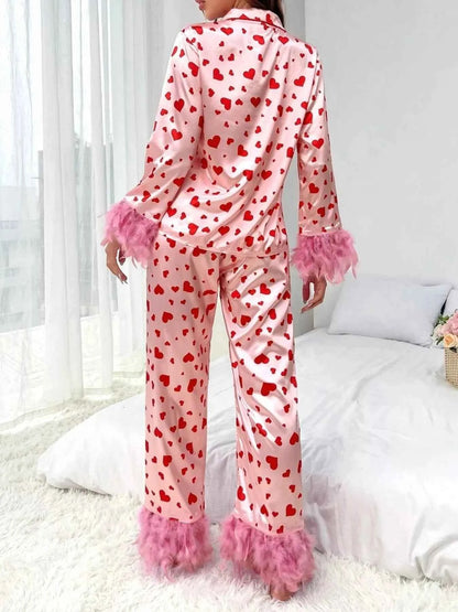 Heart Print Button Up Top and Pants Lounge Set