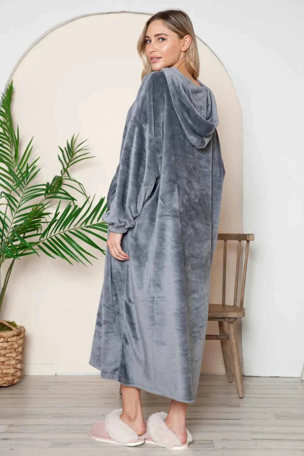 Double Take Full Size Pocketed Hooded Midi Lounge Dress