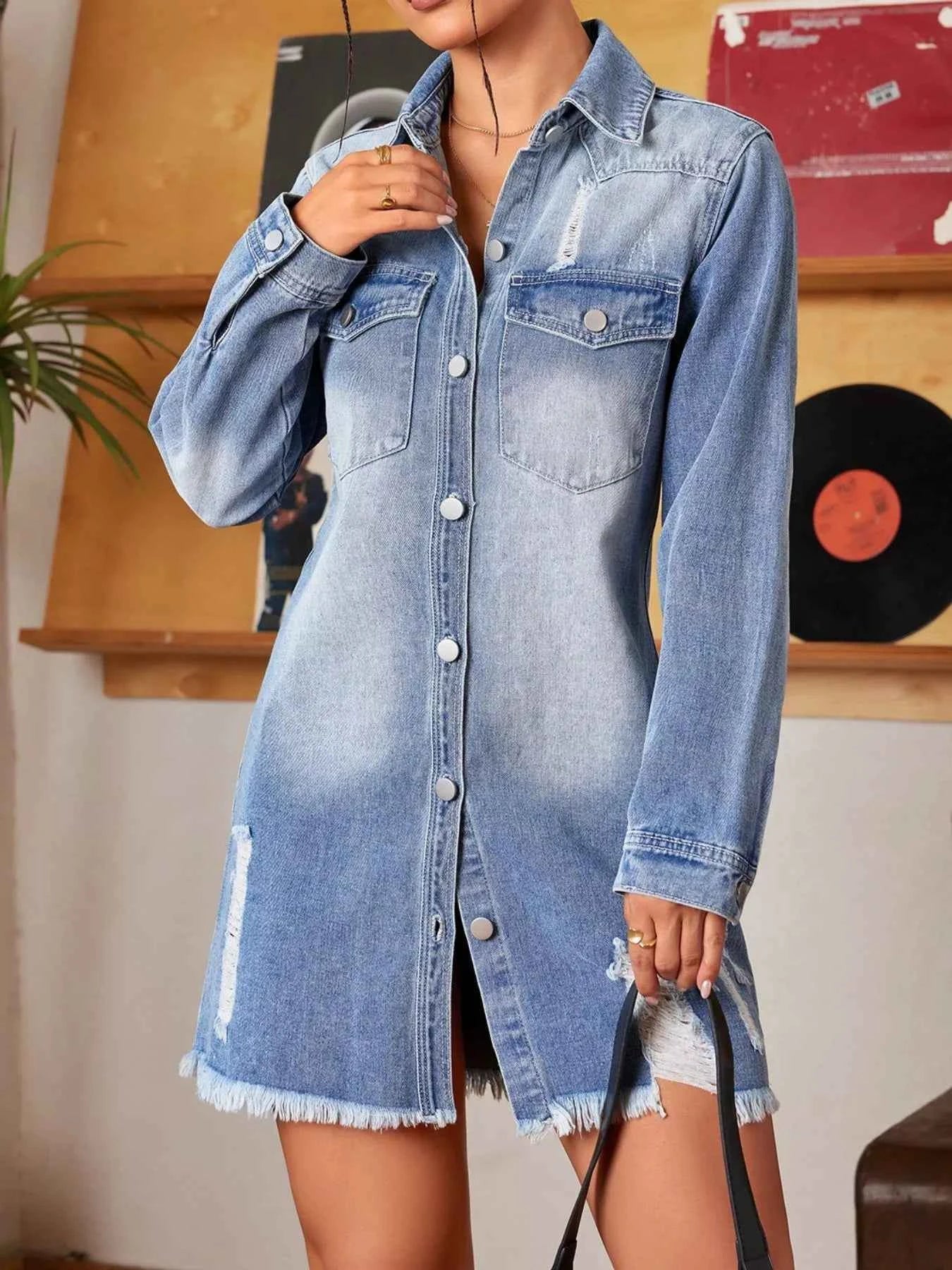 Distressed Raw Hem Denim Mini Dress