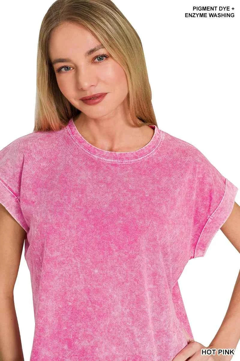 Zenana Halo Washed Cotton Cuffed Short Sleeve Top