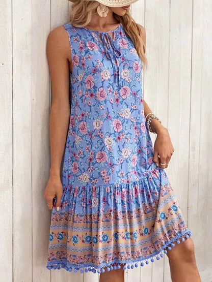 Tie Neck Sleeveless Floral Dress