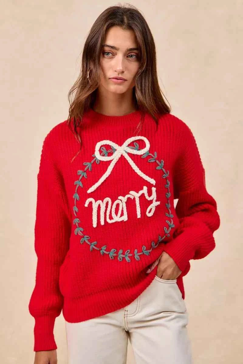 BiBi Christmas Wreath Merry Letter Knit Top