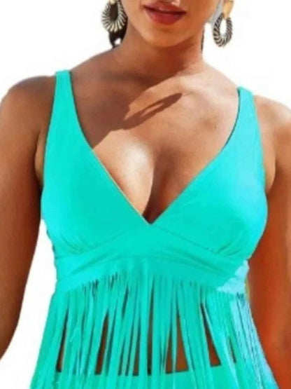 Plus Size Fringe V-Neck Tankini Swim Set