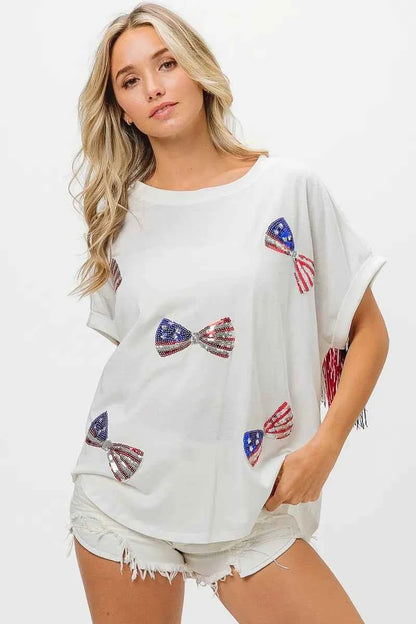 BiBi American Flag Sequin Ribbon T-Shirt
