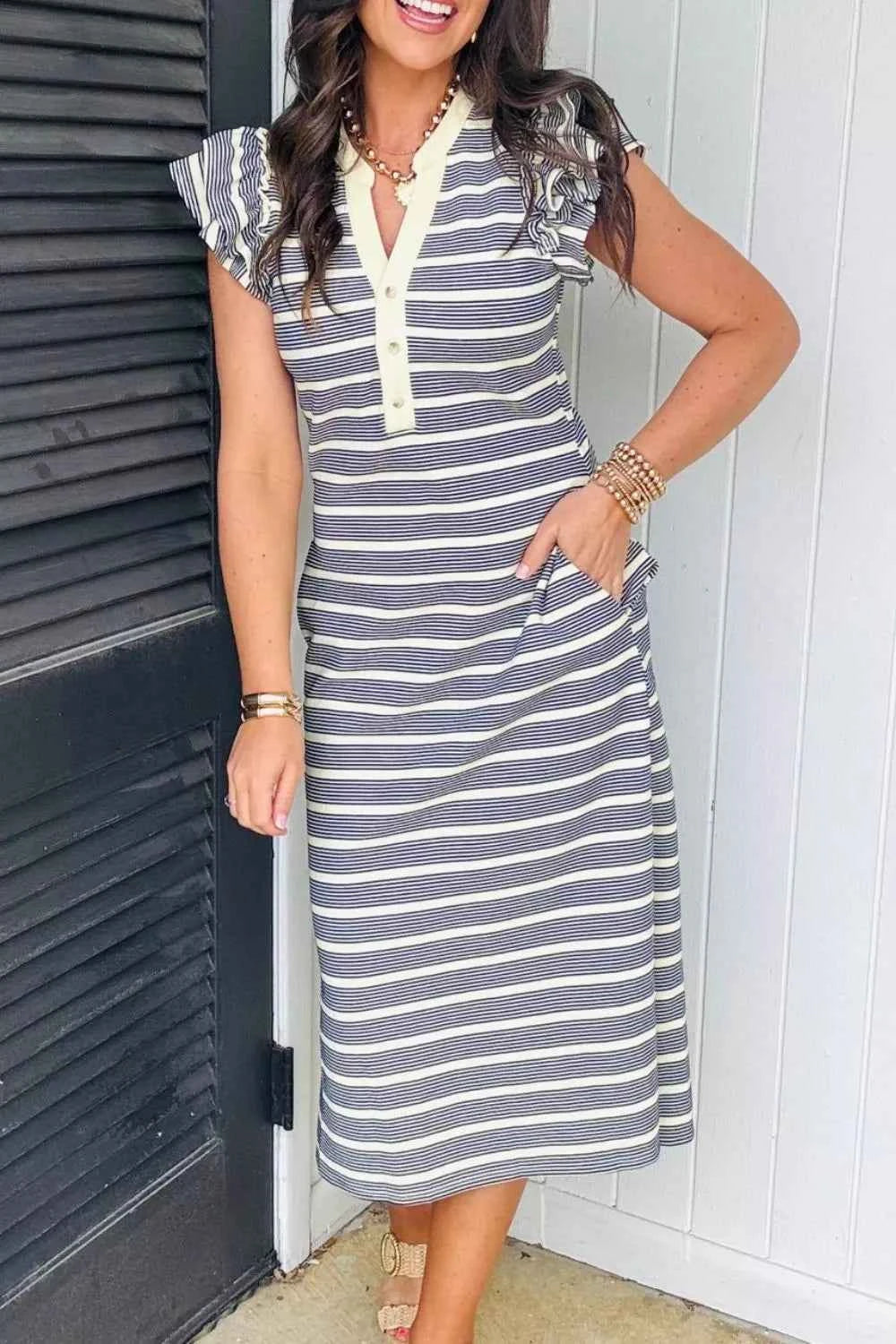 Stripe Ruffled Short Sleeve Contrast Trim Button Notched Neck Midi Dress