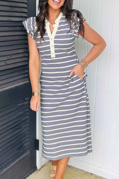 Stripe Ruffled Short Sleeve Contrast Trim Button Notched Neck Midi Dress