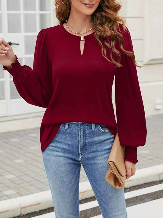 Long Sleeve Keyhole Neck Blouse