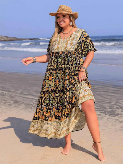 Plus Size Bohemian Floral Tiered Maxi Dress
