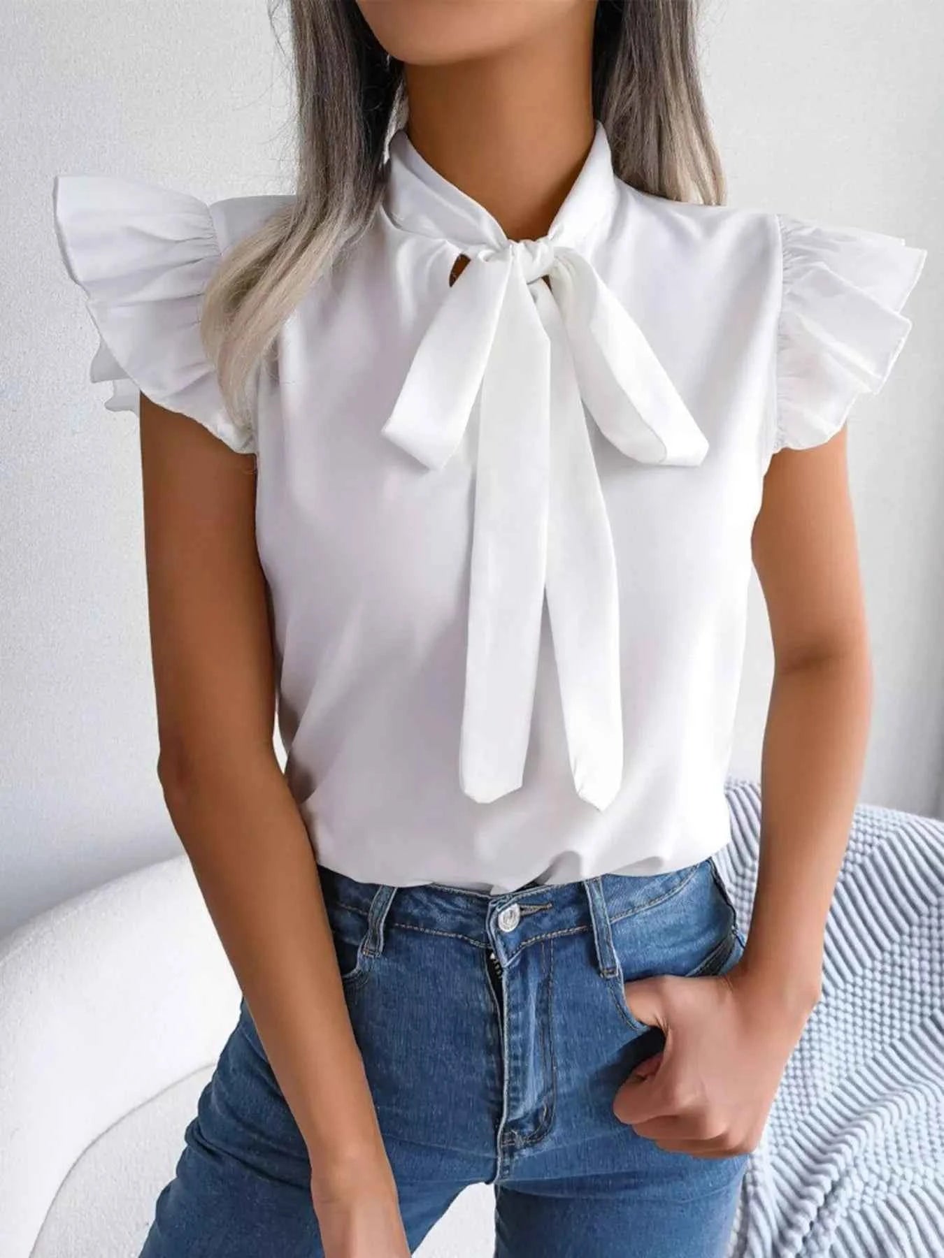 Bow Tie Ruffle Sleeve Blouse