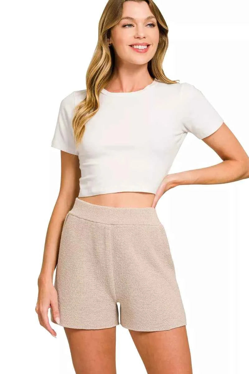 Zenana Round Neck Knit Top and Shorts Sweater Set