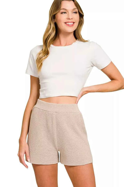 Zenana Round Neck Knit Top and Shorts Sweater Set