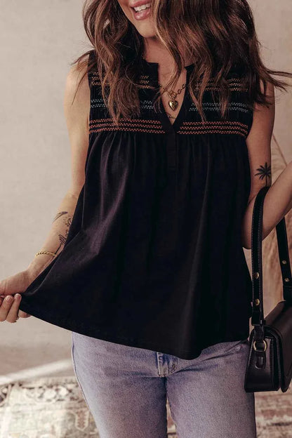 Boho Embroidered Sleeveless V-Neck Blouse