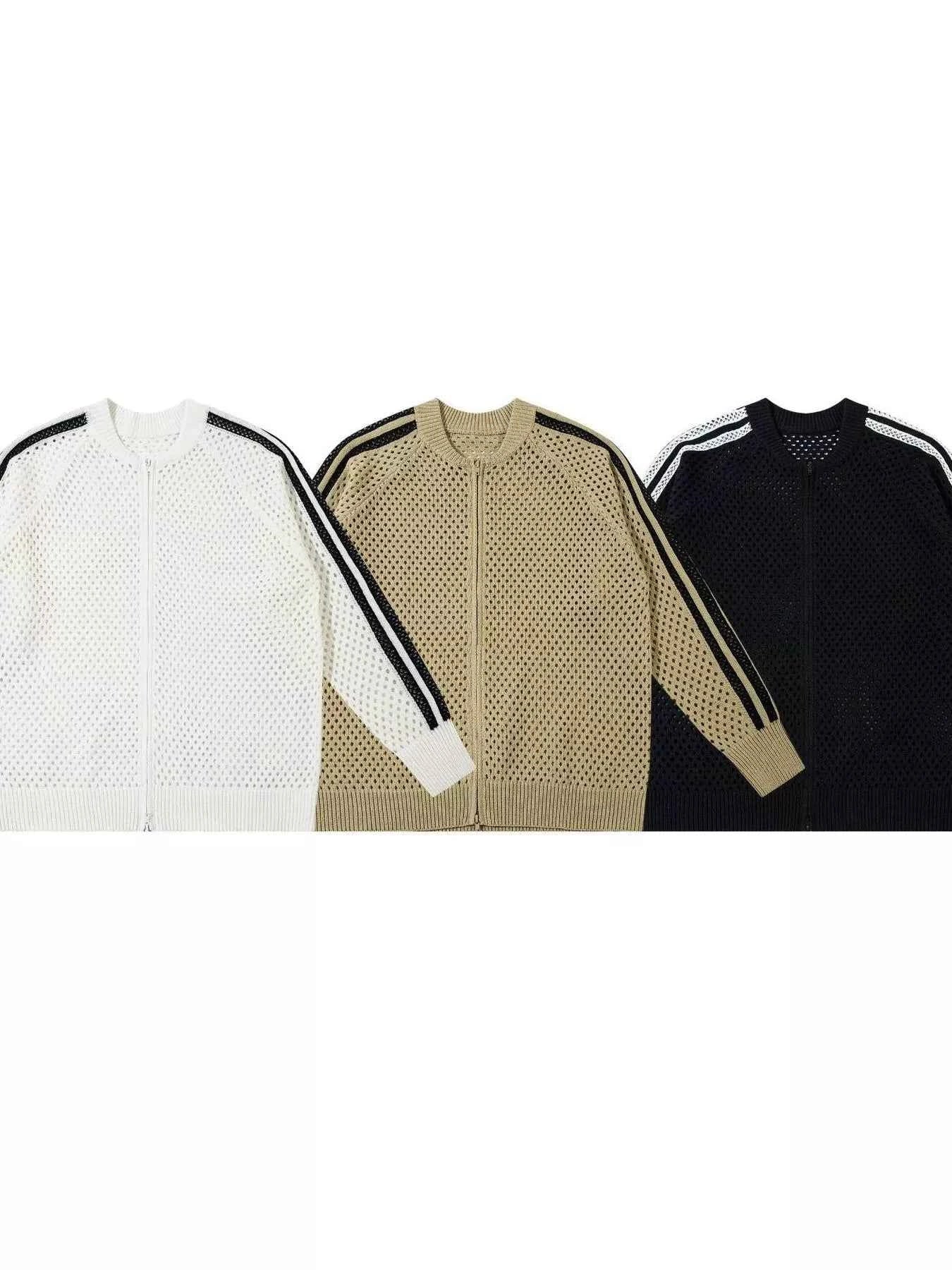 Men's Openwork Contrast Stripe Zip Up Long Sleeve Jacket