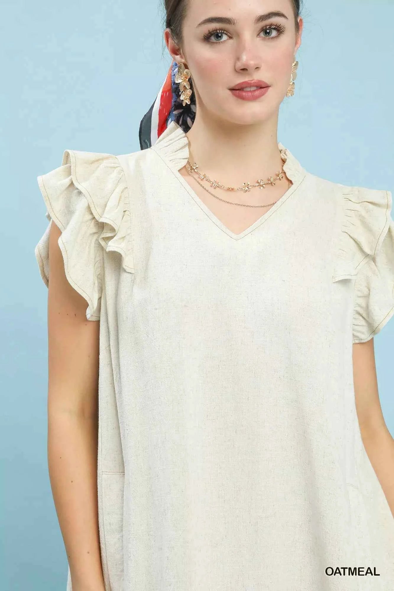 Umgee Linen Flutter Sleeve Shift Dress with Pockets
